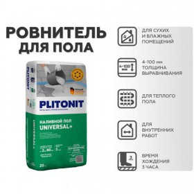 Ровнитель для пола Plitonit Universal+ быстротвердеющий самовыравнивающийся 20 кг, 48 шт/поддон
